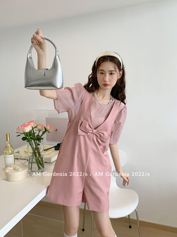 [am Gardenia] Korean Pure Color Bubble Sleeve Chiffon shirt + bowknot vest Jumpsuit two sets 3655\zxx
