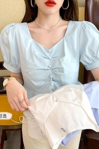  summer new square neck bubble Chiffon Short Sleeve Ruffle small shirt French shirt women's loose short top