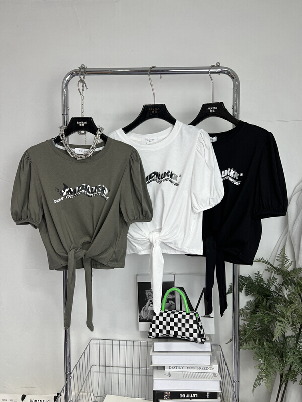 [fan fan] round neck fashion irregular bandage letter short sleeve T-shirt 231\jj