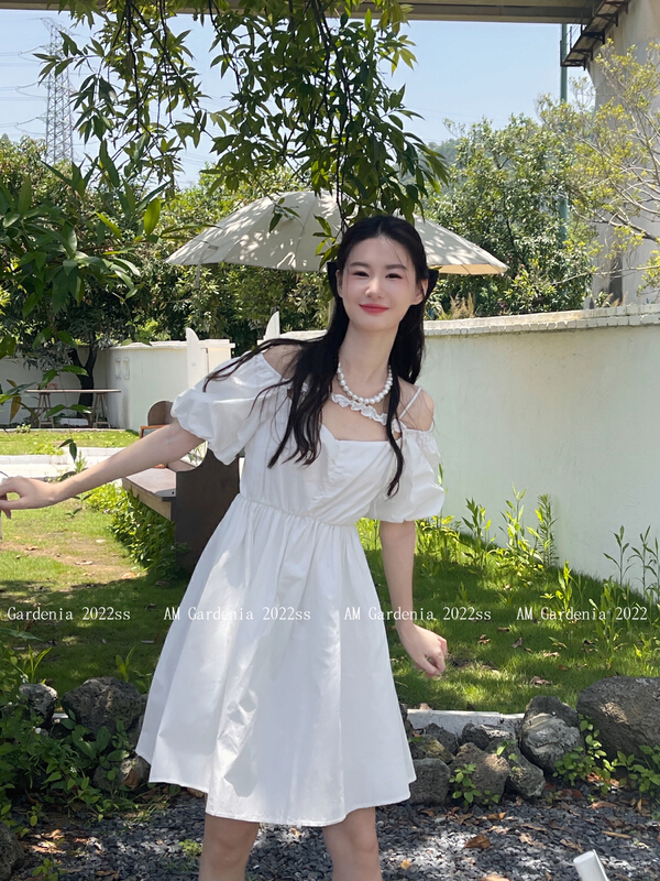 [am Gardenia] French retro square neck bubble sleeve waist short dress 3615\jj