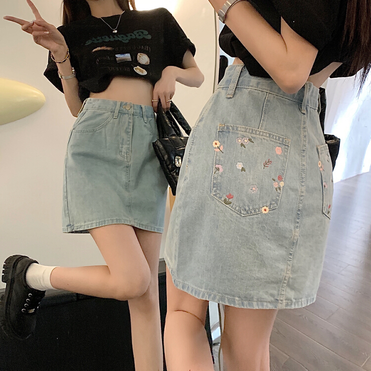 [x · h studio] high waist and thin floral embroidery denim skirt 5902\ozq