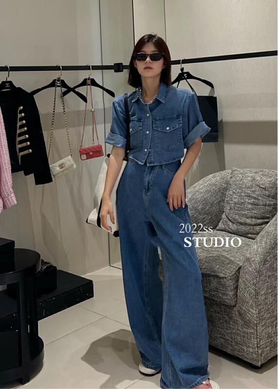 [Lala] Korean casual short denim jacket + versatile jeans two piece suit 8909\wtt
