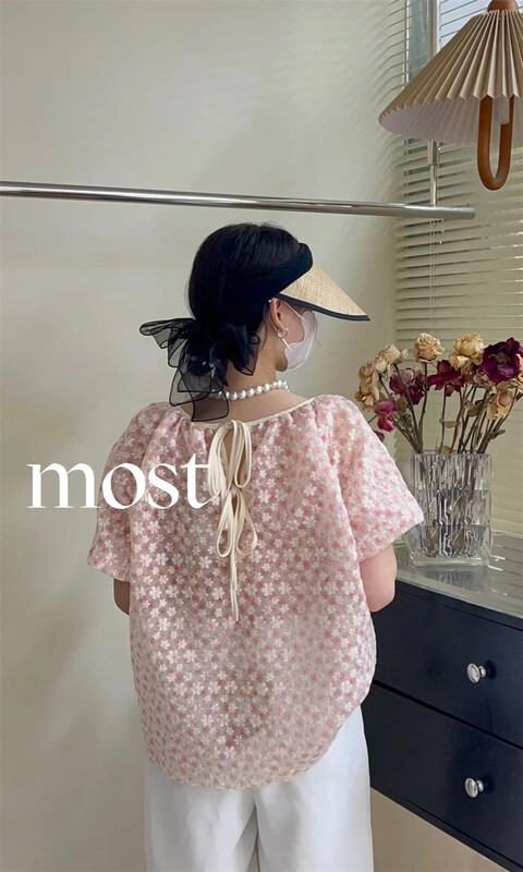 [most] sweet lady style floral bubble sleeve lace up blouse 97219\zjy
