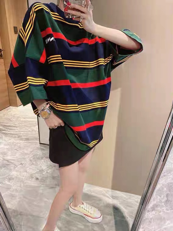 [w+] stripe round neck Pullover short sleeve T-shirt 5159\wtt