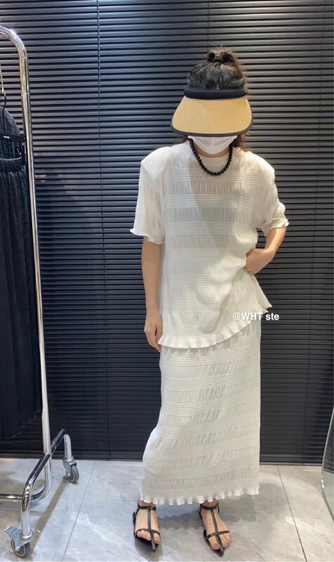 [wht] simple round neck hem lace loose top + elastic waist skirt set ys1-6009\wtt