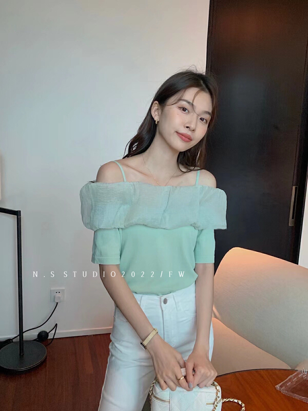 [N.S] fashion temperament off shoulder straight neck mesh spliced ice silk knitted shirt 9688\wpl