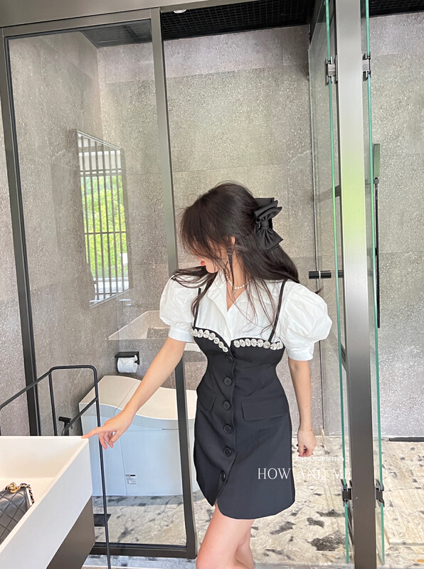 [how and me] shirt patchwork suit Diamond Dress 7161\lsl