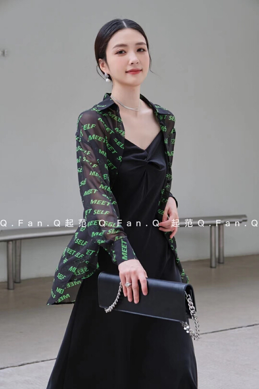 [style] neutral casual pearl Chiffon atmosphere versatile sunscreen shirt 80091\jj