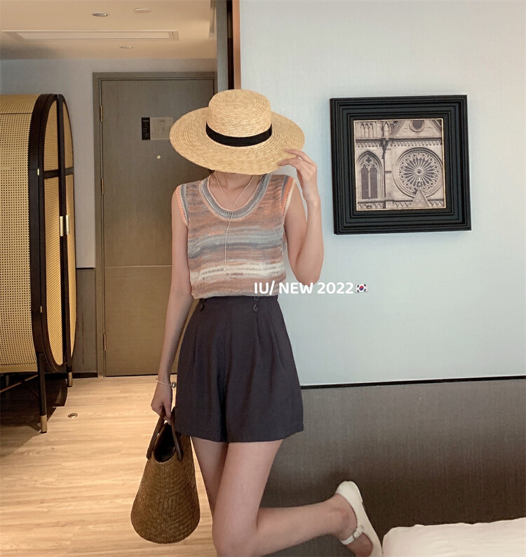 [IU] Vintage color stripe round neck sleeveless shirt 6928\wpl