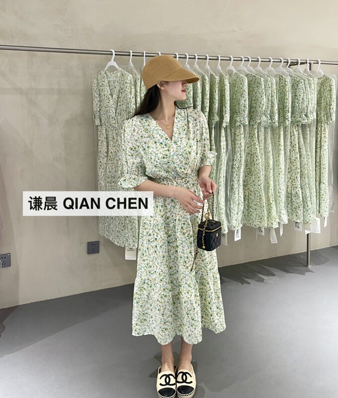 [Qianchen] Korean floral waist closing V-neck dress ys1-3002\cqw