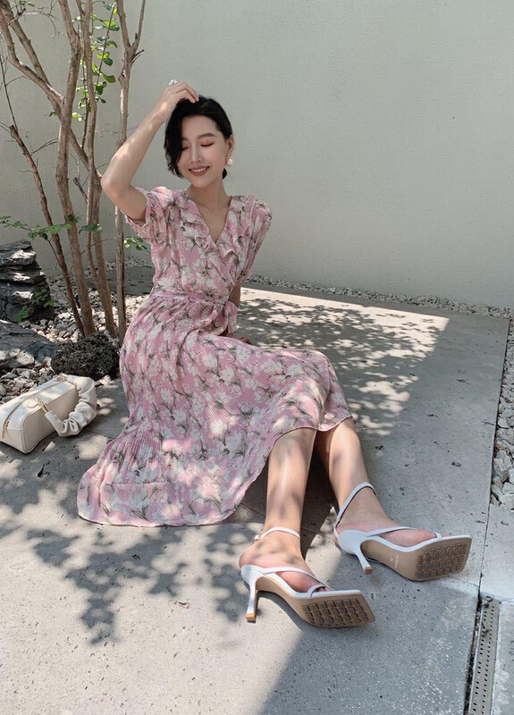 Original price 108.99! [style] featured printed hem pleated Ruffle Dress 7256\jj