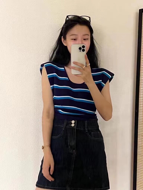 [wlady/npj supporting actress] ice silk sleeveless stripe versatile T-shirt w519\wtt