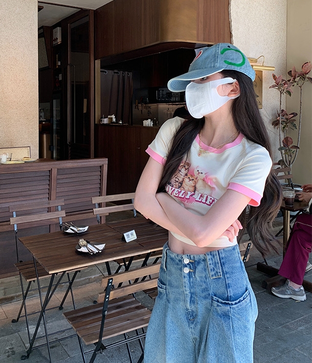 [JX] Korean front shoulder design cat short sleeve T-shirt (T-shirt only) 1565\wtt