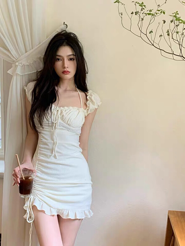 [x · h studio] drawstring hollow square neck high waist thin lace pure desire knitted dress 8081\ozq