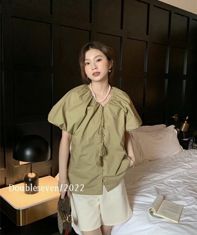 [double seven] V-neck bubble sleeve design shirt 29032\zxx