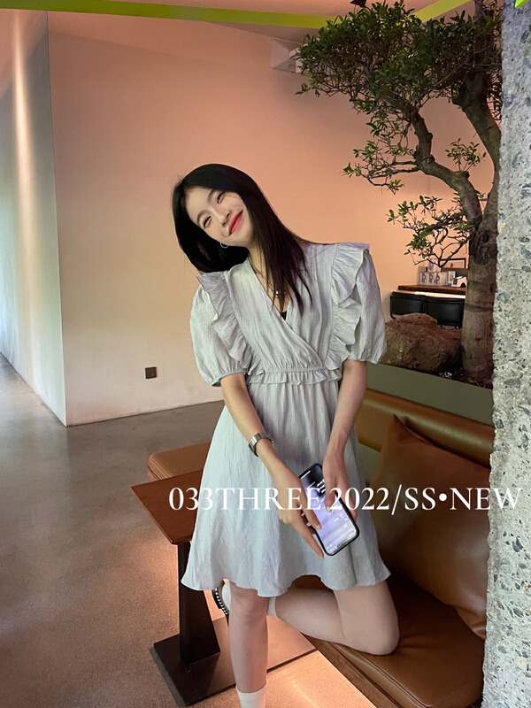 [033three] temperament V-neck Ruffle Dress 8183\lsl