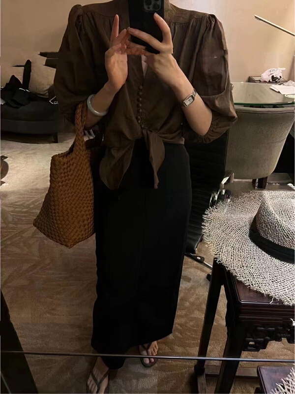 [lidada] fashion bandage blouse + medium length skirt two piece suit 2876\hbx