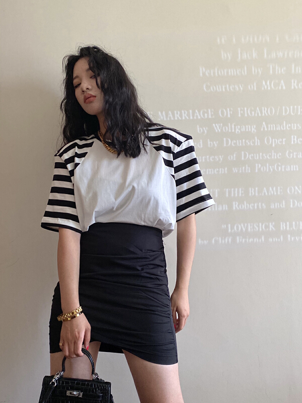[f (x)] casual stripe spell sleeve short sleeve T-shirt (without necklace) t11072\ozq
