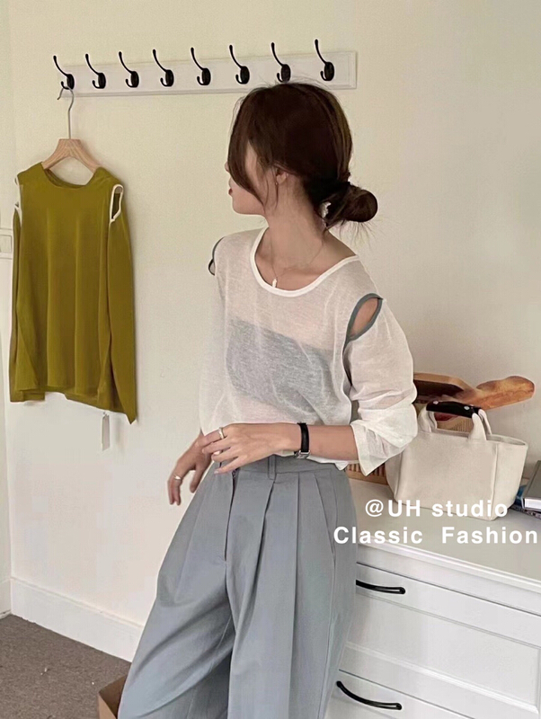 [uh] design sense round neck color blocking loose casual long sleeve sun shirt 7860\hjy