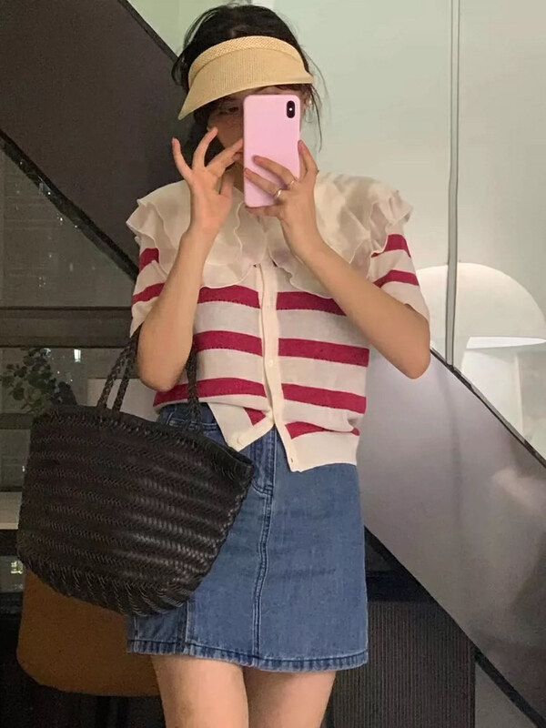 [f · P] Korean gentle double layer Ruffle collar stripe short sleeve knitted cardigan 78037\hbx