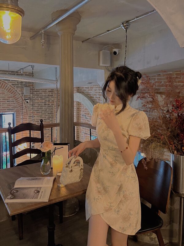[hee] Chinese floral stand collar bubble sleeve dress h5507\wpl
