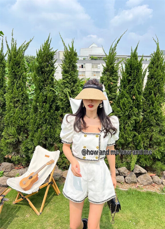 [how and me] double breasted bubble sleeve shirt + comfortable casual Shorts Set 7106\lsl
