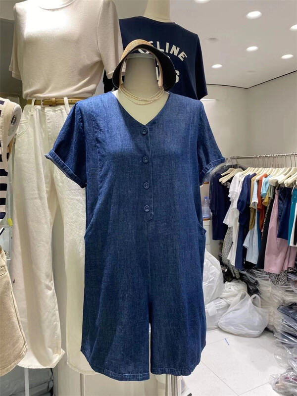 [benwo] button loose V-neck denim Jumpsuit ctz06163\cls