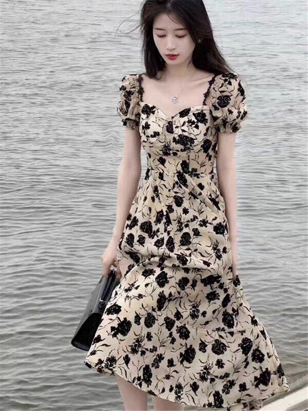 [Linna] French slim off shoulder bubble sleeve dress 124667\jj