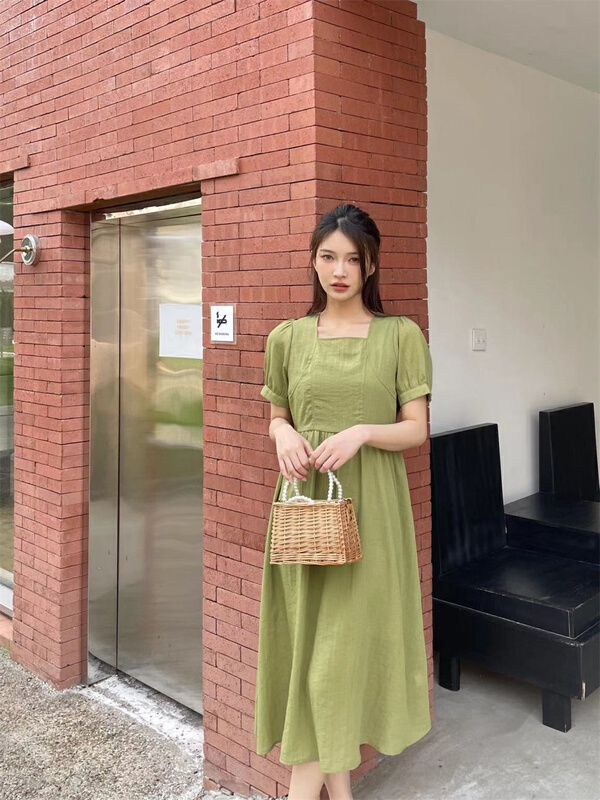 [so woo] fresh and simple square neck bubble sleeve waist dress 62669\wpl