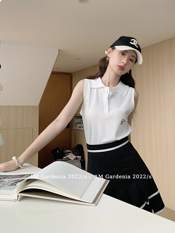 [am Gardenia] college age reducing Vest + high waist pleated color contrast skirt suit 3689\zxx