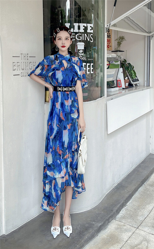 [Milan] little women's stand collar floral thin dress (with belt) 781\jj