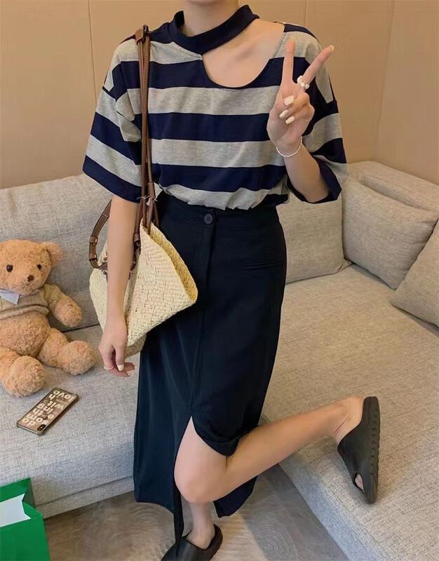 [Duomi] stripe crew neck loose short sleeve T-shirt 693\zxl