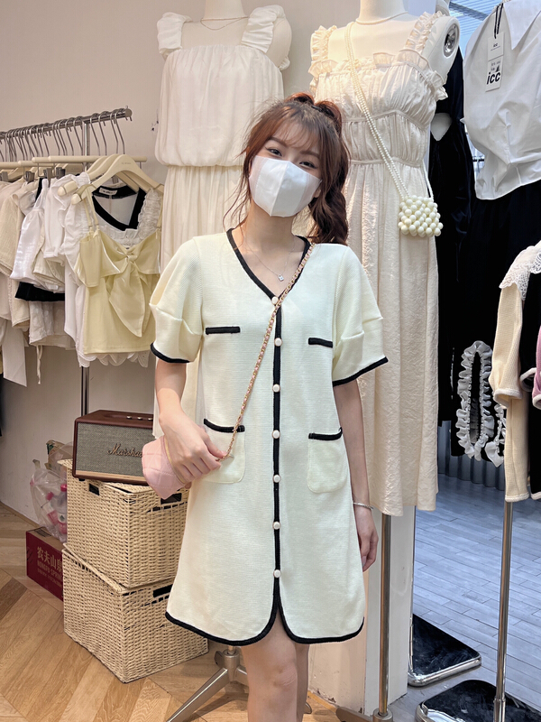 [as] temperament small fragrance color contrast bubble sleeve dress a6607\hjy