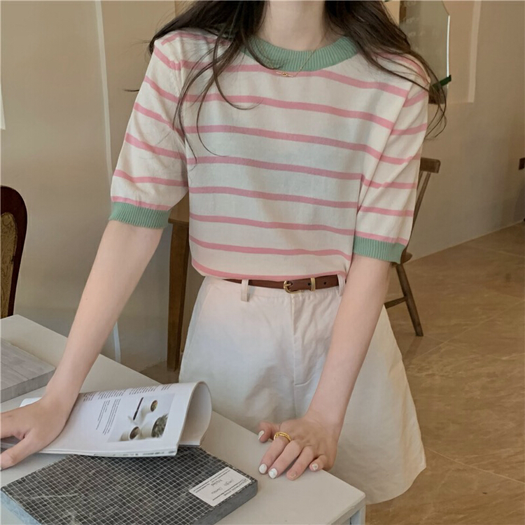 [f · P] Korean gentle round neck contrast stripe versatile T-shirt 9513\hbx