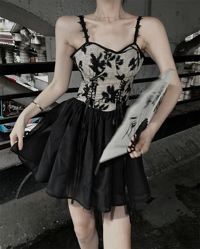 [web sensing] Mori Department pure desire wind broken flower splicing mesh sling dress a0909\ozq