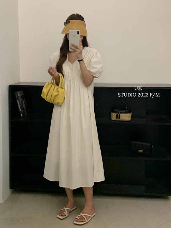 [U grain] small fresh style V-neck loose dress 6219\hbx