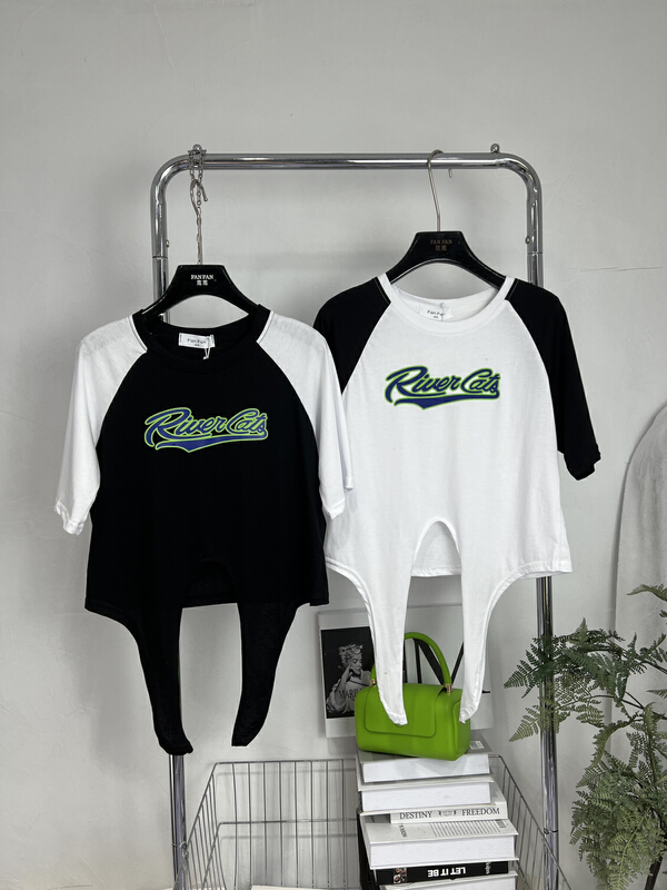 [fan fan] street fashion color block lettering loose short sleeve T-shirt 259 \jj
