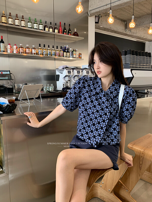 [neihe] Vintage Lapel floral bubble sleeve shirt 11586\zxx