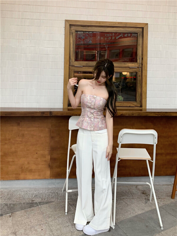 [Doudou family] jacquard waist closing French floral Strapless vest / sling 88347\cls