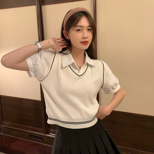 Fake two short shirts women's summer color contrast stitching slim fitting polo collar Short Sleeve Top + BLACK PLEATED SKIRT