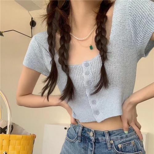 French sweet spice girl pure desire short chic design sense square neck top women's BM square neck short sleeve chic knitted cardigan