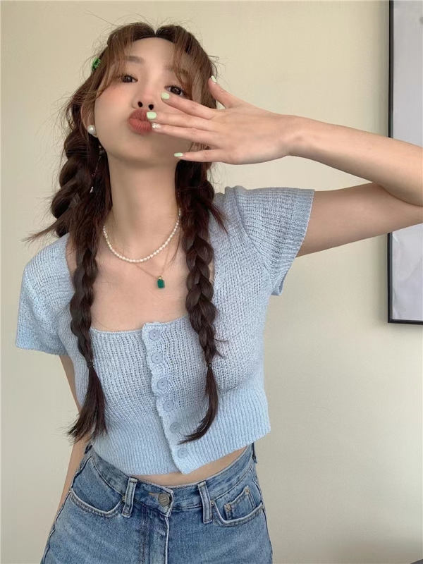 French sweet spice girl pure desire short chic design sense square neck top women's BM square neck short sleeve chic knitted cardigan