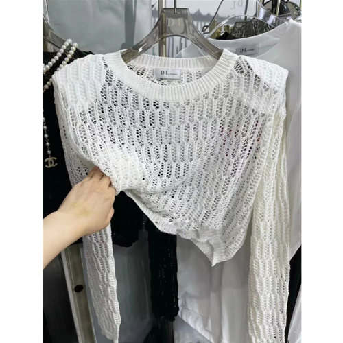 2022 summer new long sleeve shoulder pad round neck hollow out mesh casual versatile knitwear short sunscreen top women