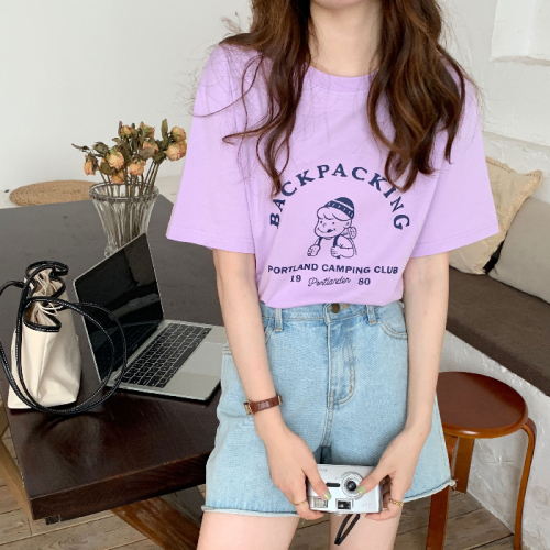 Cartoon letter printed short sleeve T-shirt for women loose top for women