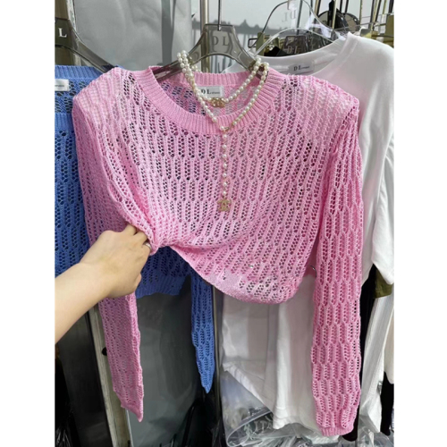 2022 summer new long sleeve shoulder pad round neck hollow out mesh casual versatile knitwear short sunscreen top women
