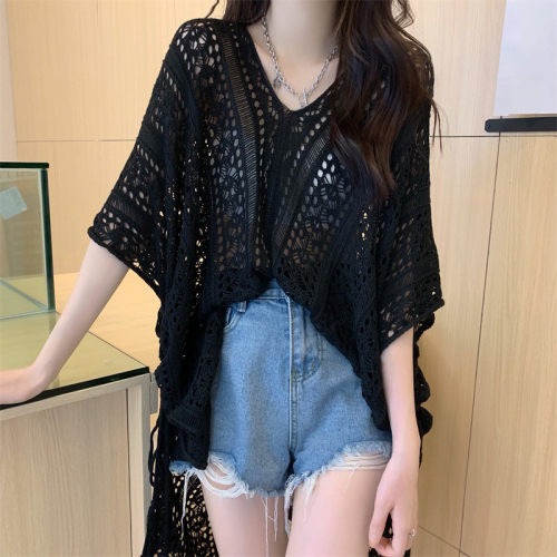 Real shooting and real price new Korean style loose tie knit wool hollow out short sleeve blouse