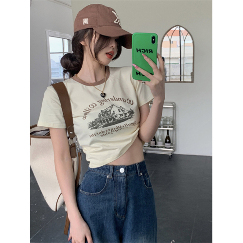 Official drawing pull frame cotton American retro minority printed short sleeve T-shirt women's contrast color round neck bottoming shirt