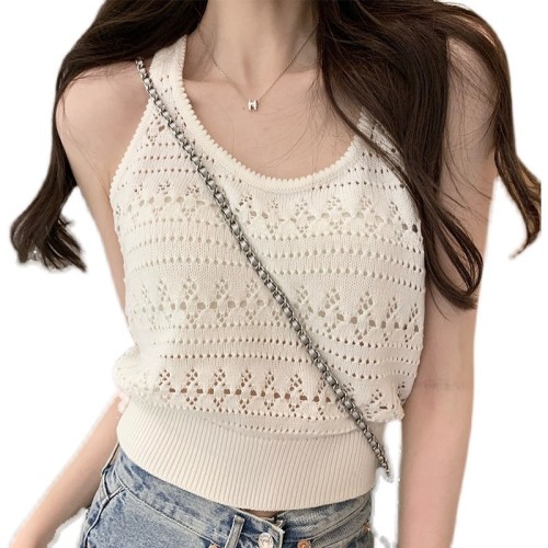 White hollow out knitted suspender vest women's summer wear thin French hook flower design short pure desire top