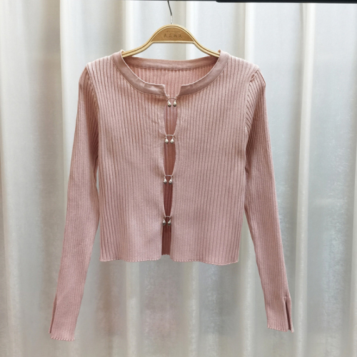 Retro sweet and spicy style hollow out single breasted note icy sweater short navel exposed Spice Girl Long Sleeve Top