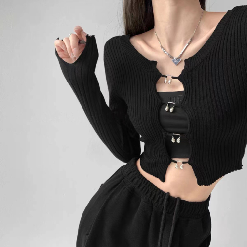 Retro sweet and spicy style hollow out single breasted note icy sweater short navel exposed Spice Girl Long Sleeve Top